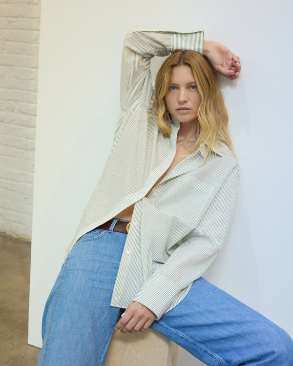 TWP Ivory/forest Big Joe Shirt in Yarn Dye Pinstripe Cotton view 3