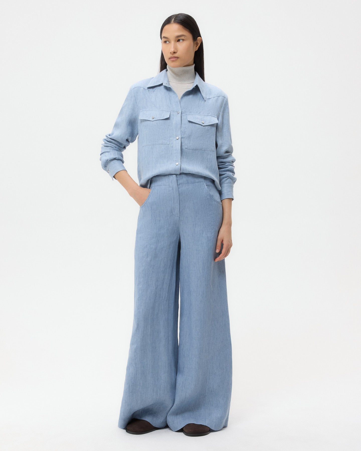 TWP Light indigo New Carter Shirt in Lightweight Washed Hemp Denim view 3