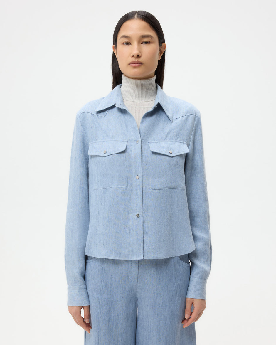 TWP Light indigo New Carter Shirt in Lightweight Washed Hemp Denim view 1