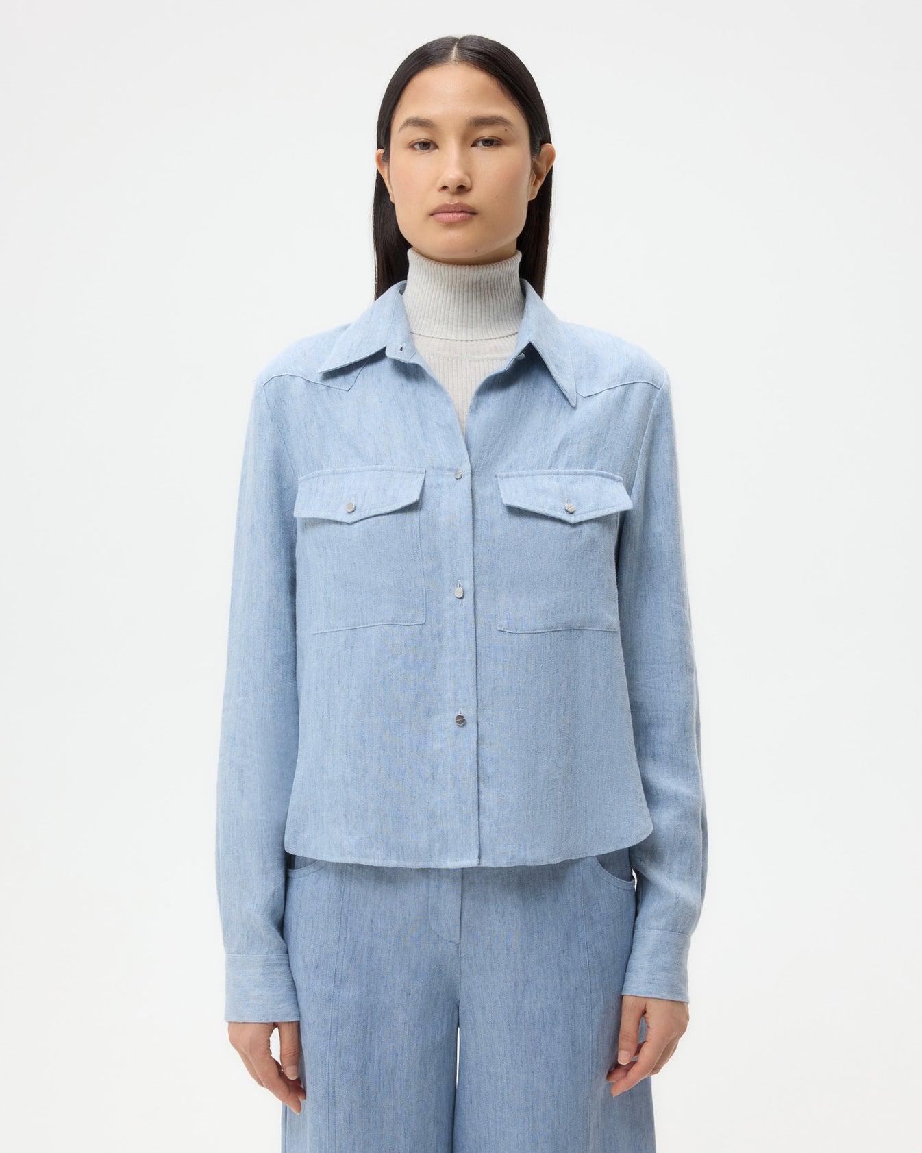TWP Light indigo New Carter Shirt in Lightweight Washed Hemp Denim view 1