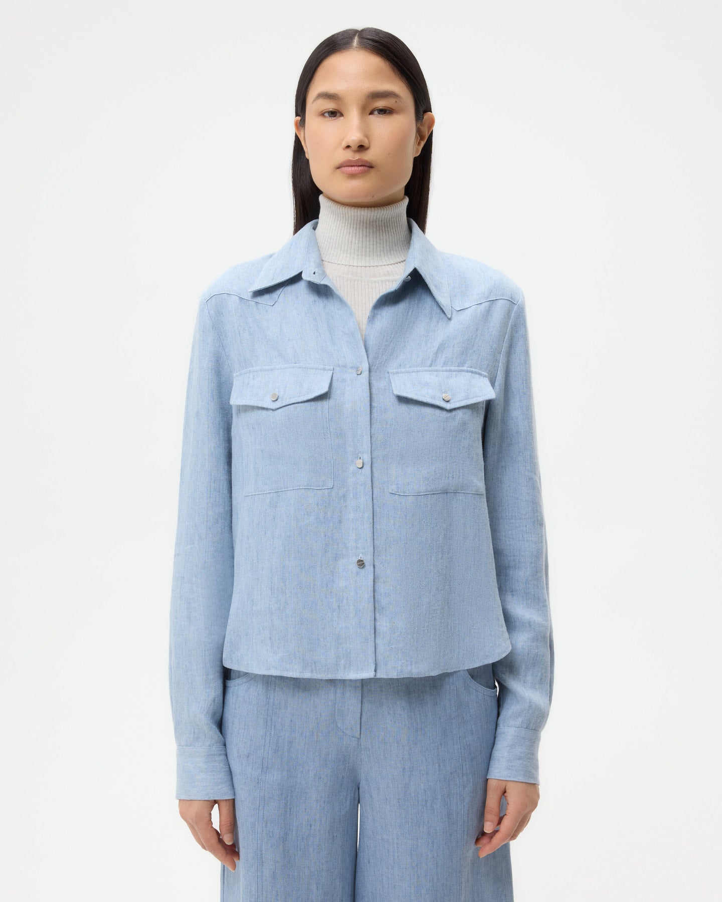 TWP Light indigo New Carter Shirt in Lightweight Washed Hemp Denim view 1