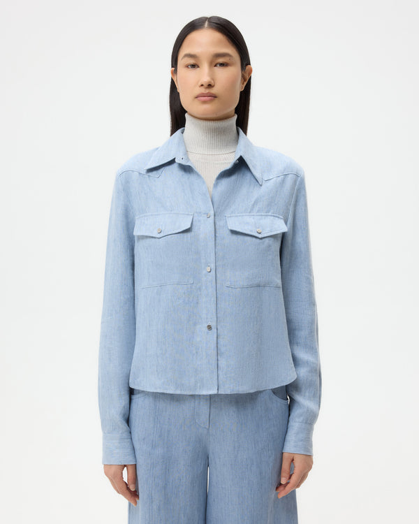 TWP Light indigo New Carter Shirt in Lightweight Washed Hemp Denim view 1