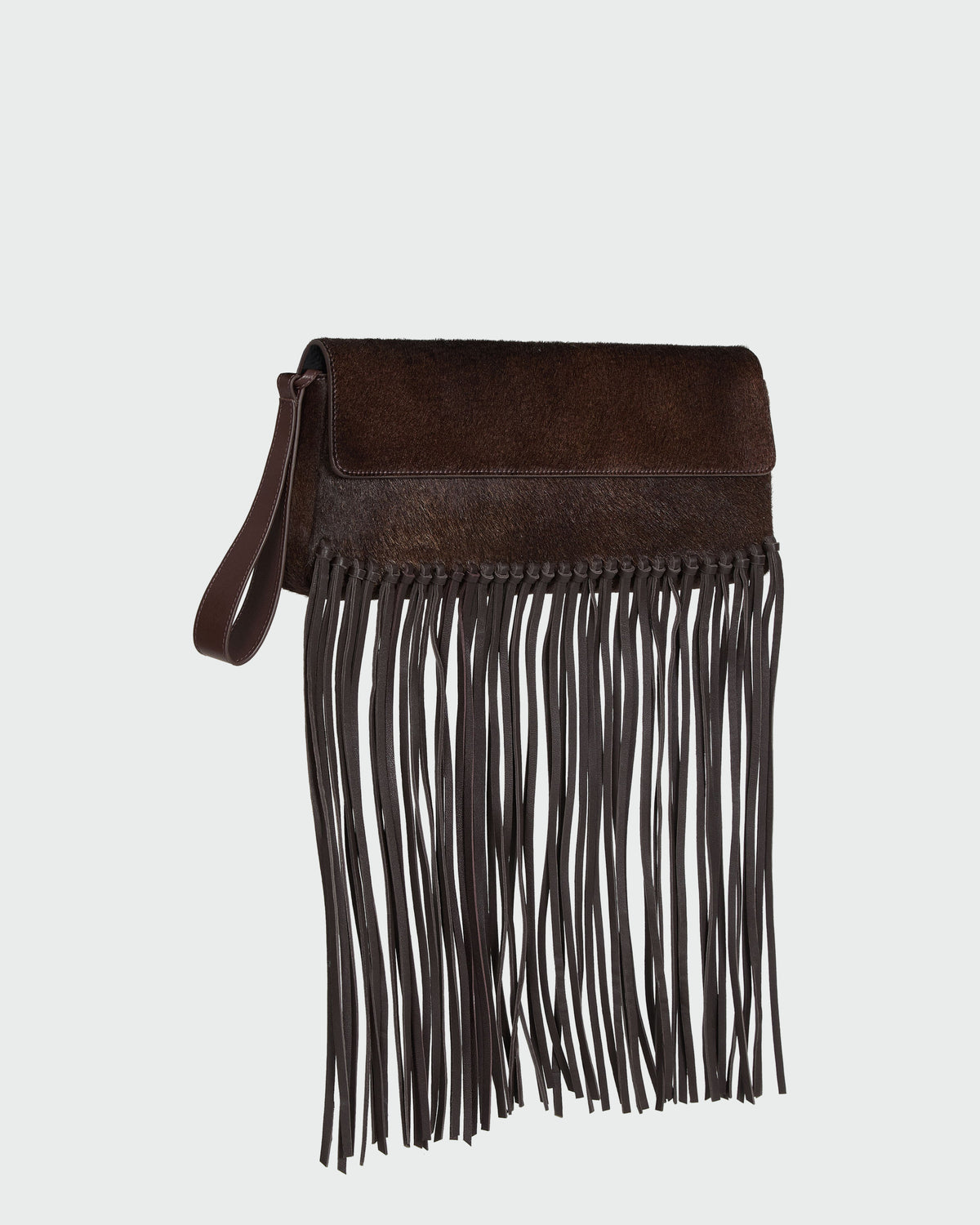 TWP Dark chocolate Fringe Clutch in Ponyhair view 1