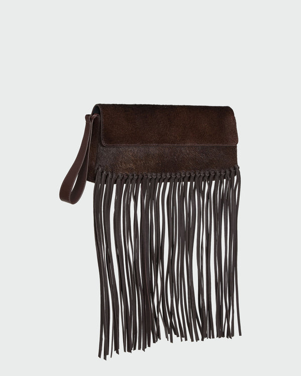 TWP Dark chocolate Fringe Clutch in Ponyhair view 1