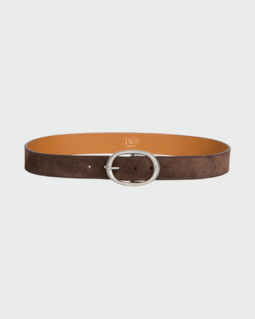 Cocoa Suede Wide Belt with Antique Silver Oval Buckle - Flat Lay | TWP Clothing