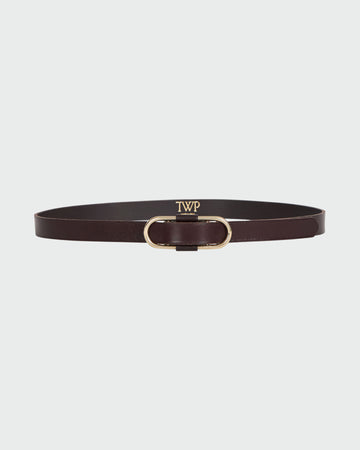 Dark Luggage Vachetta Leather Slider Buckle Belt - Flat Lay | TWP Clothing