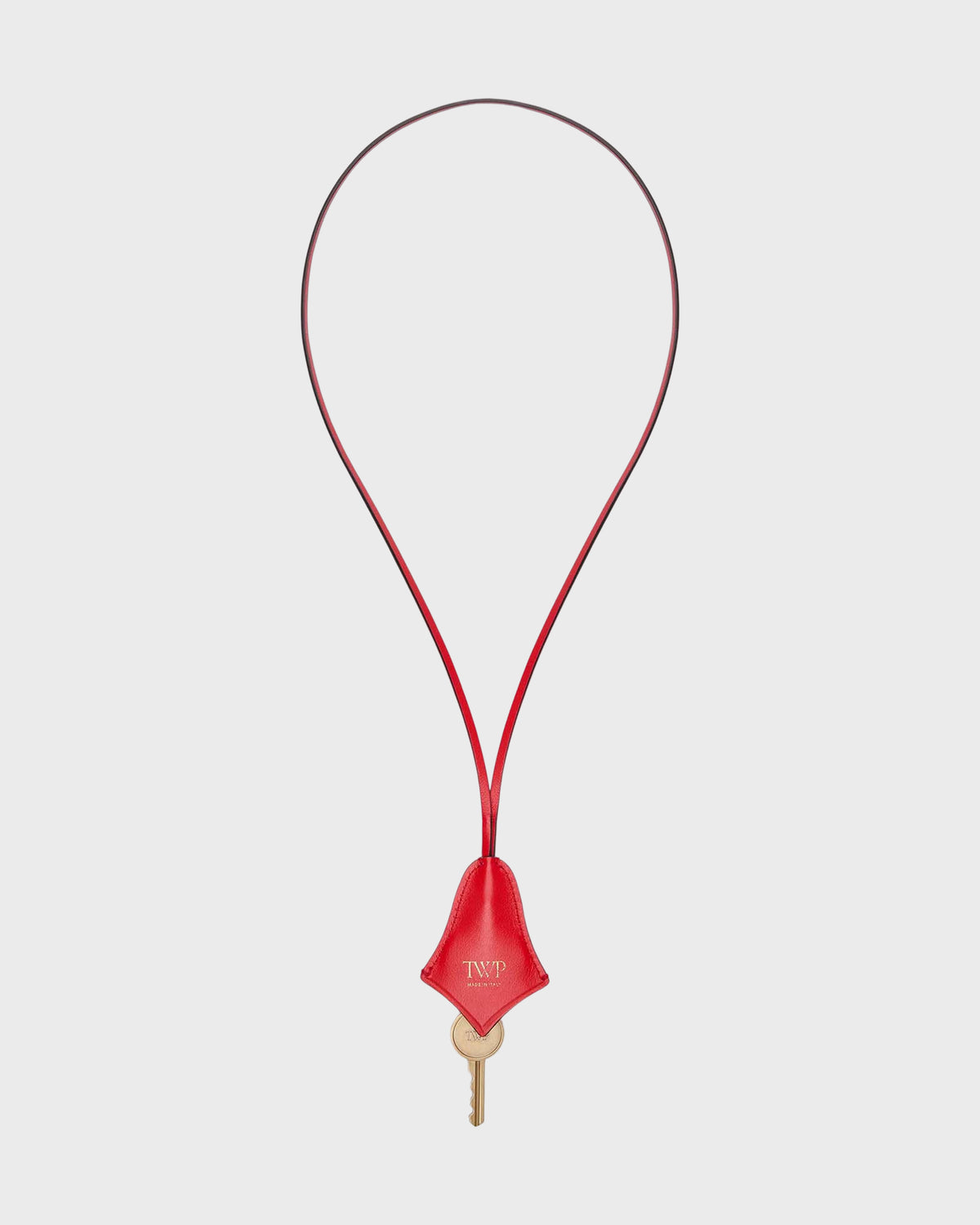 Red Leather Key Necklace in Parrot with gold-tone key and long cord - Full Length | TWP Clothing