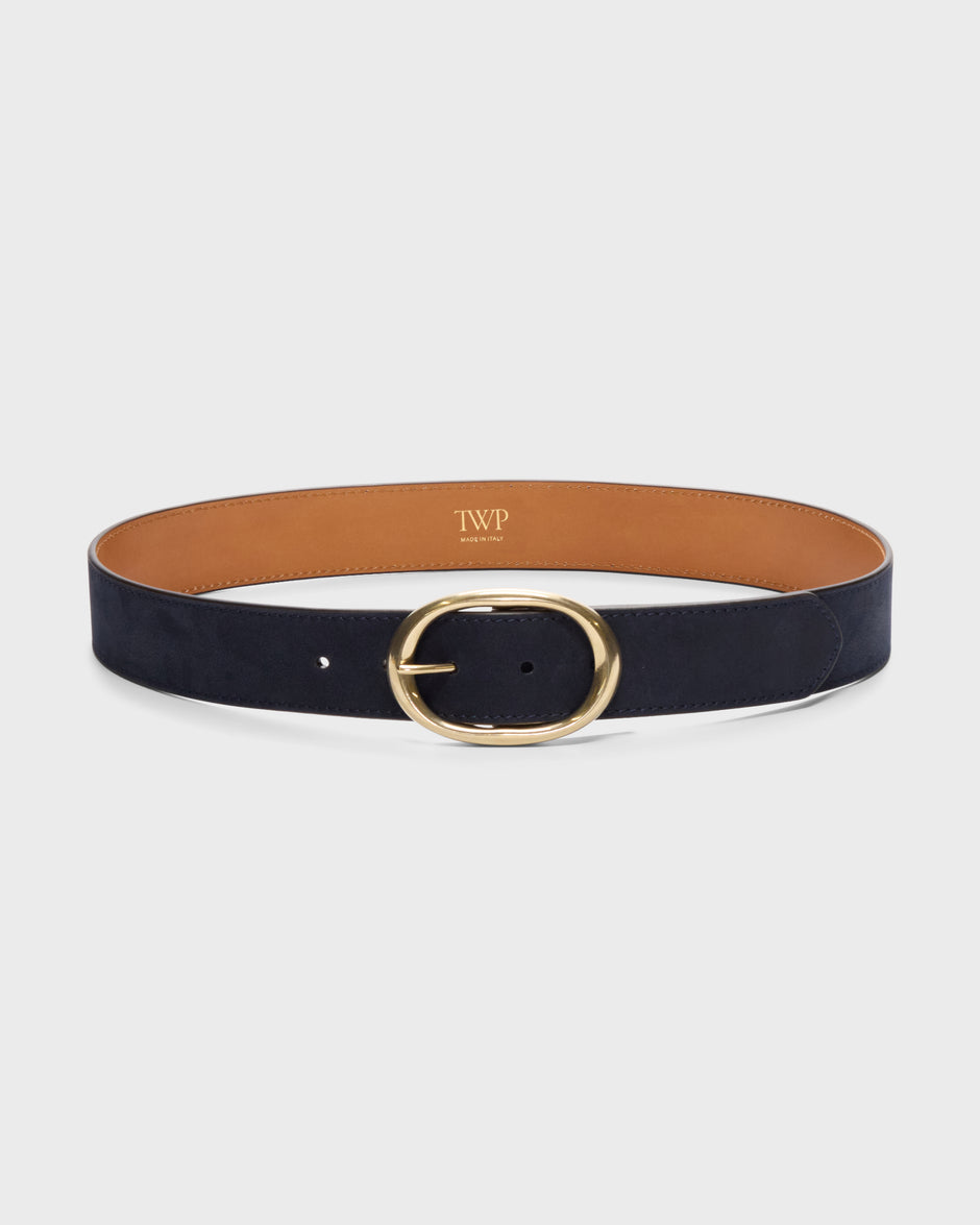 TWP Navy Wide Belt in Nubuck Leather view 1