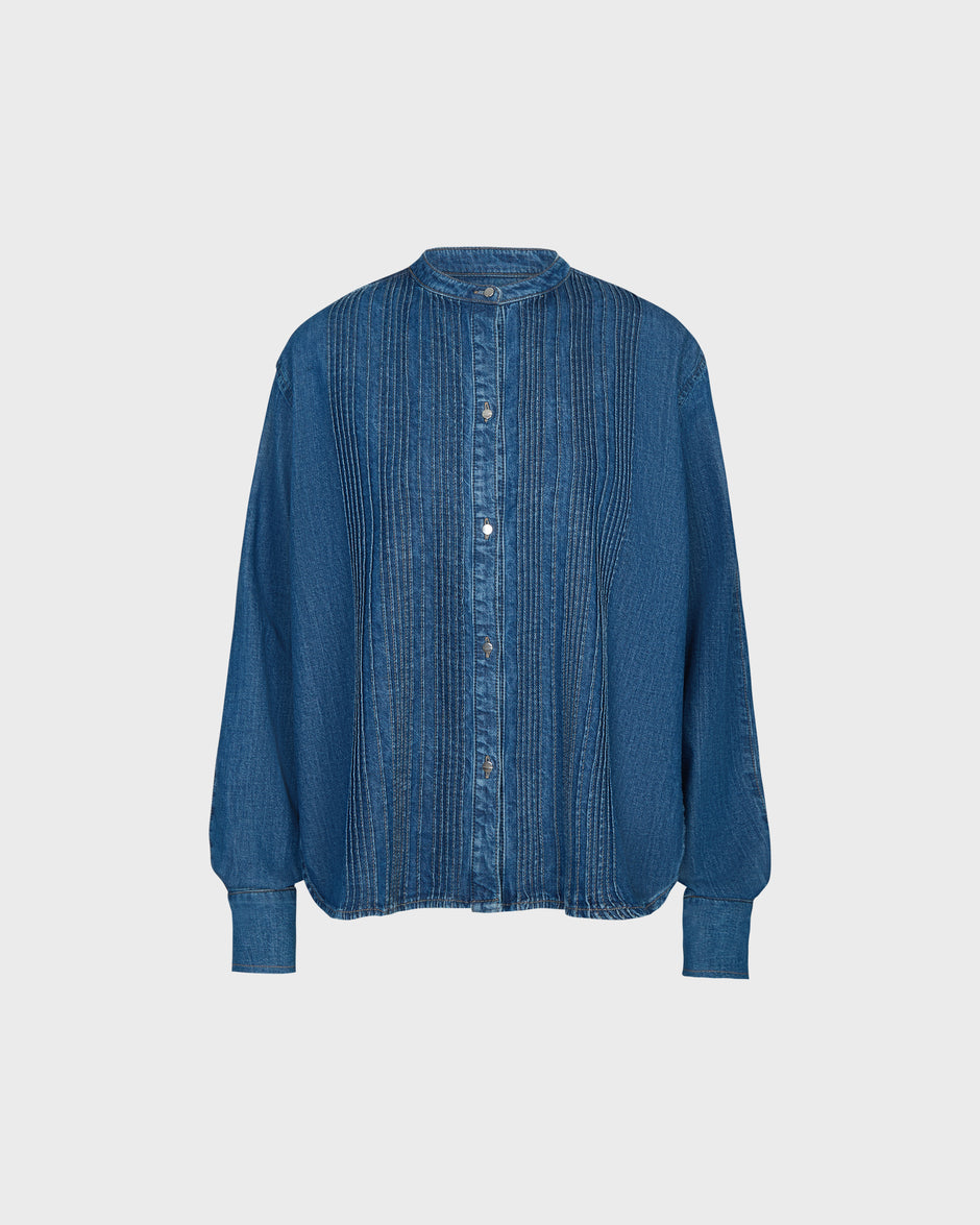 TWP Paris Pintuck Painter Shirt in Denim Shirting view 1