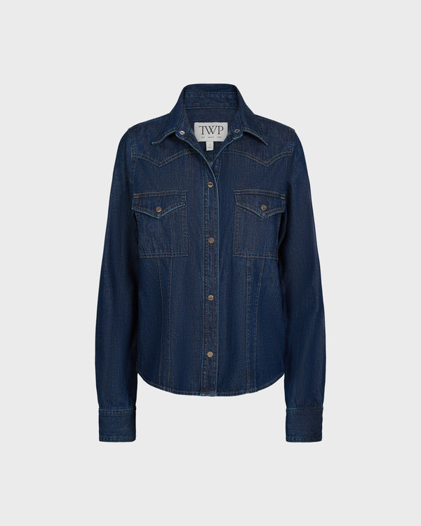 TWP Dark wash Mustang Sally Shirt in Denim Shirting view 7
