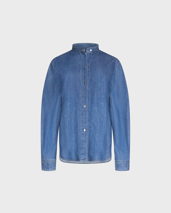 TWP Paris Tied Down Top in Denim Shirting view 8