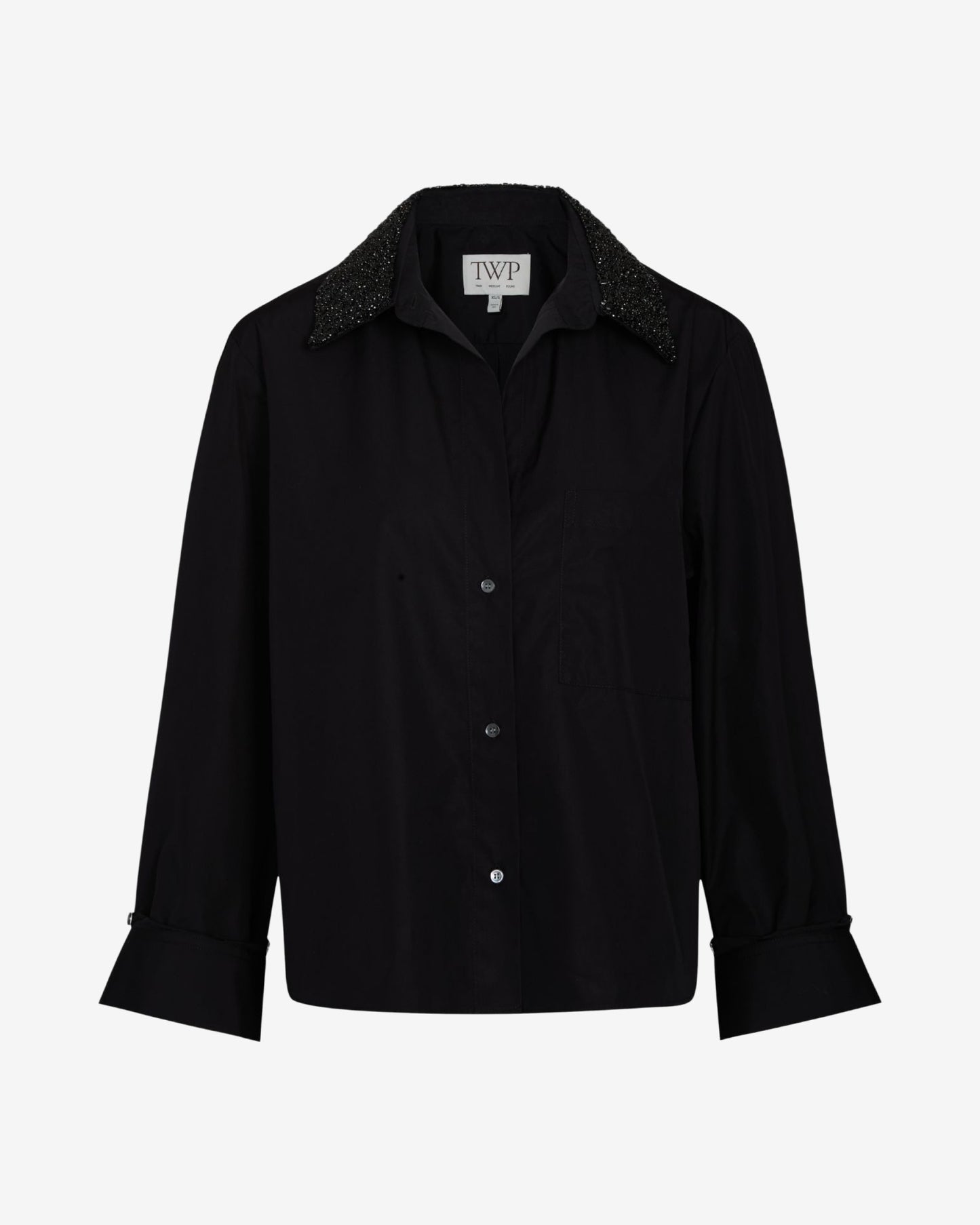 TWP Black Dude Shirt With Crystal Collar in Super Compact Poplin view 1