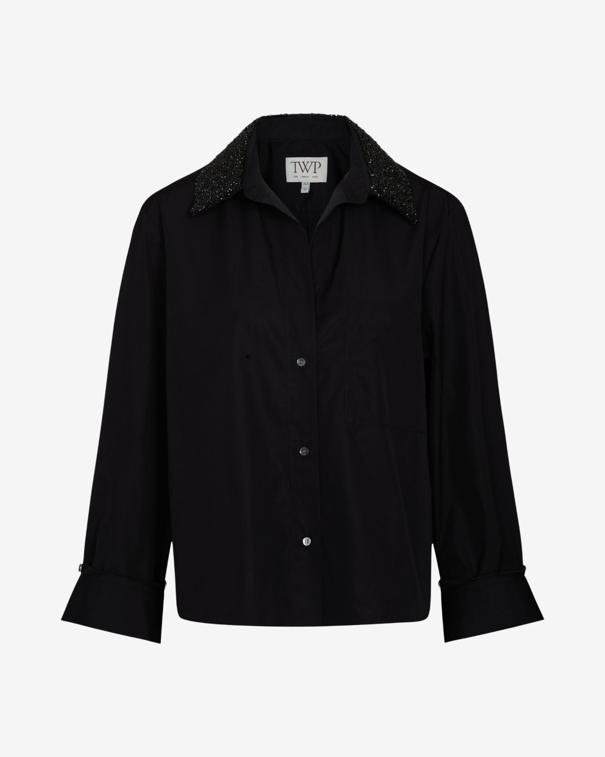 TWP Black Dude Shirt With Crystal Collar in Super Compact Poplin view 7