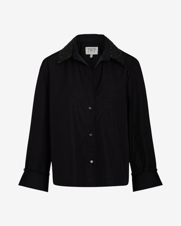 TWP Black Dude Shirt With Crystal Collar in Super Compact Poplin view 1