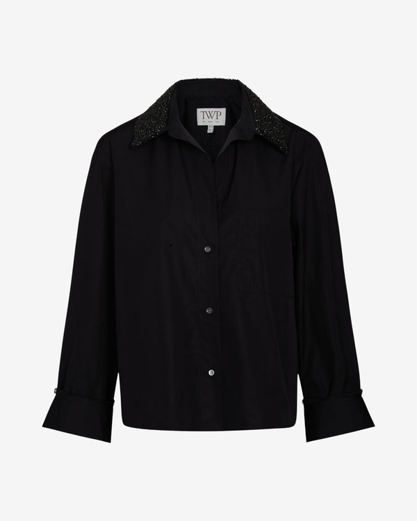 TWP Black Dude Shirt With Crystal Collar in Super Compact Poplin view 7