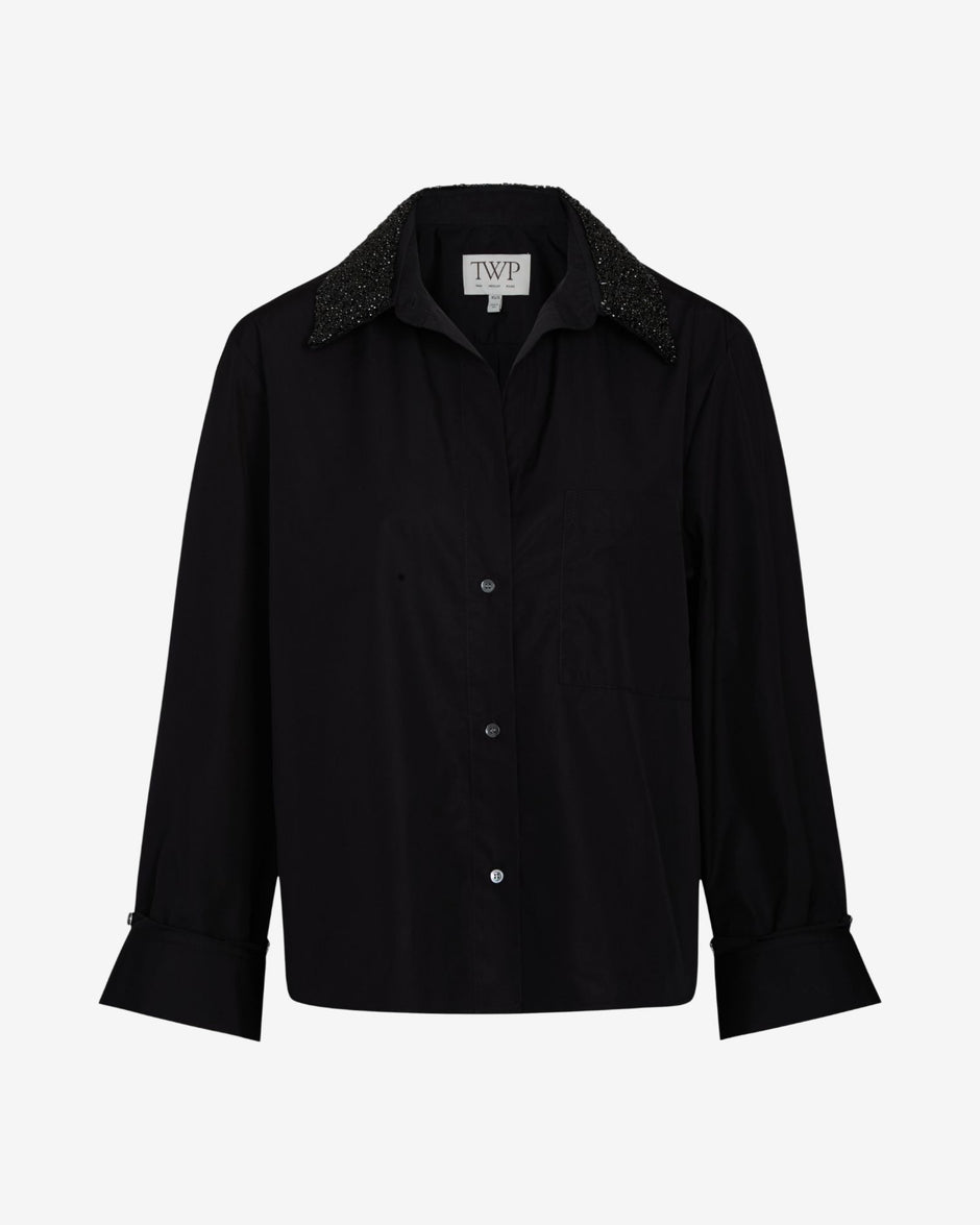 TWP Black Dude Shirt With Crystal Collar in Super Compact Poplin view 1