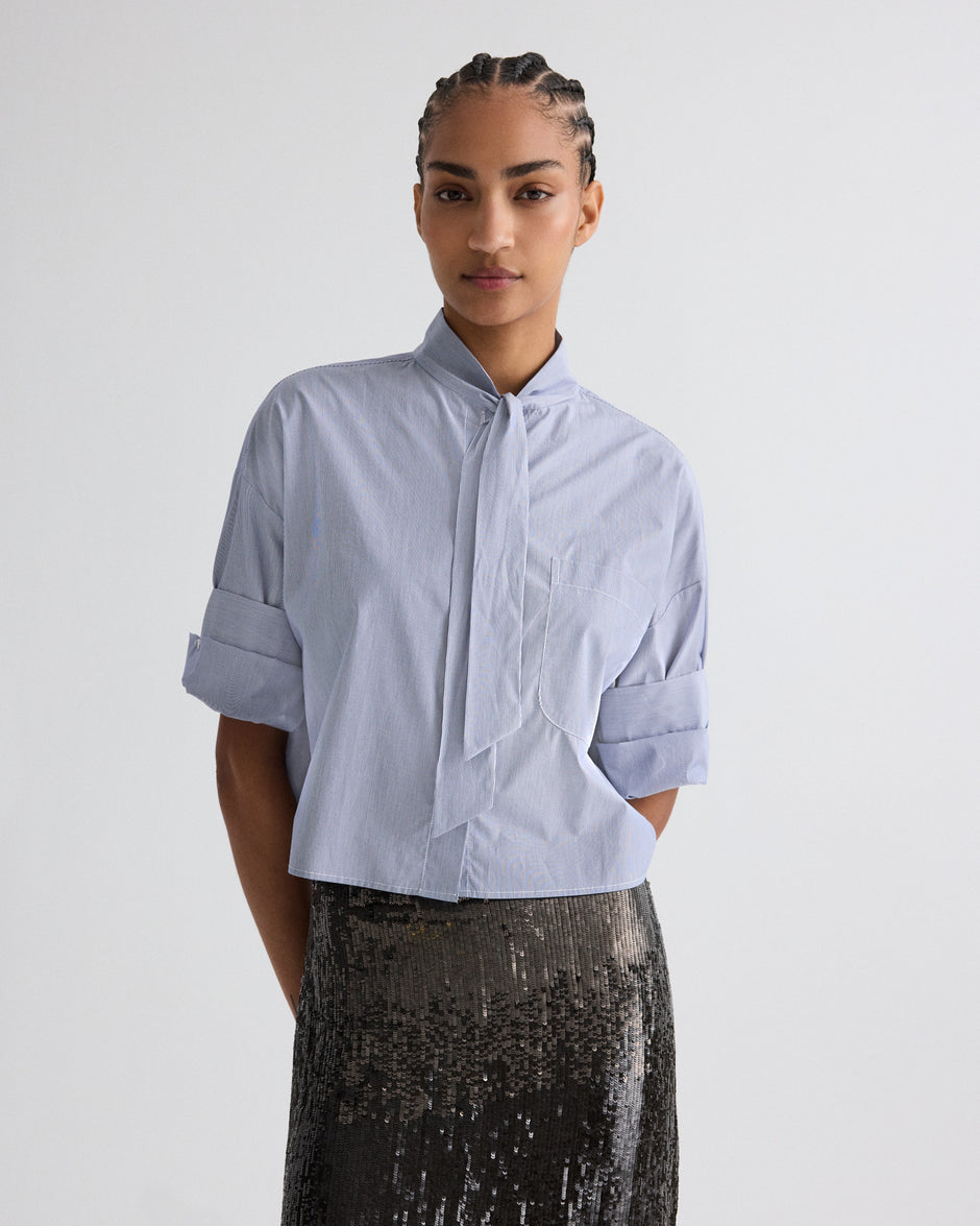 TWP Indigo / white Next Ex Shirt with Tie in Baroness Stripe Cotton view 1