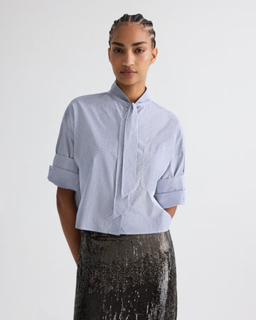 TWP Indigo / white Next Ex Shirt with Tie in Baroness Stripe Cotton view 1