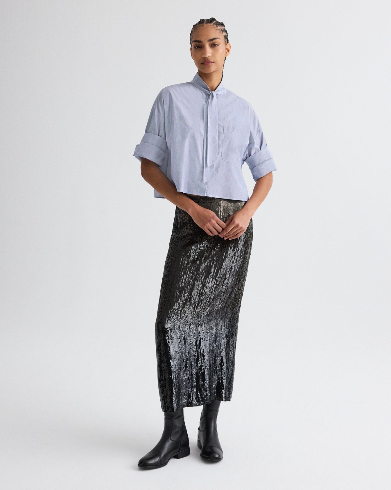 TWP Indigo / white Next Ex Shirt with Tie in Baroness Stripe Cotton view 3