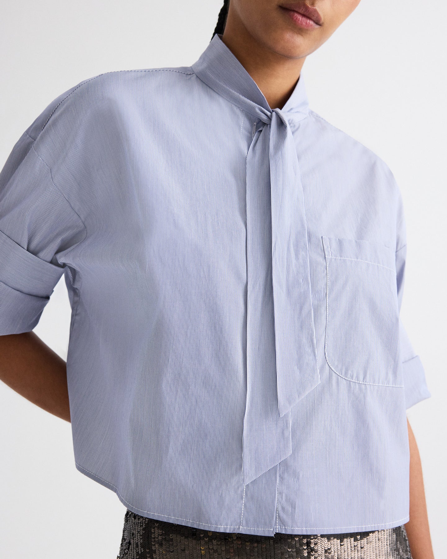 TWP Indigo / white Next Ex Shirt with Tie in Baroness Stripe Cotton view 2