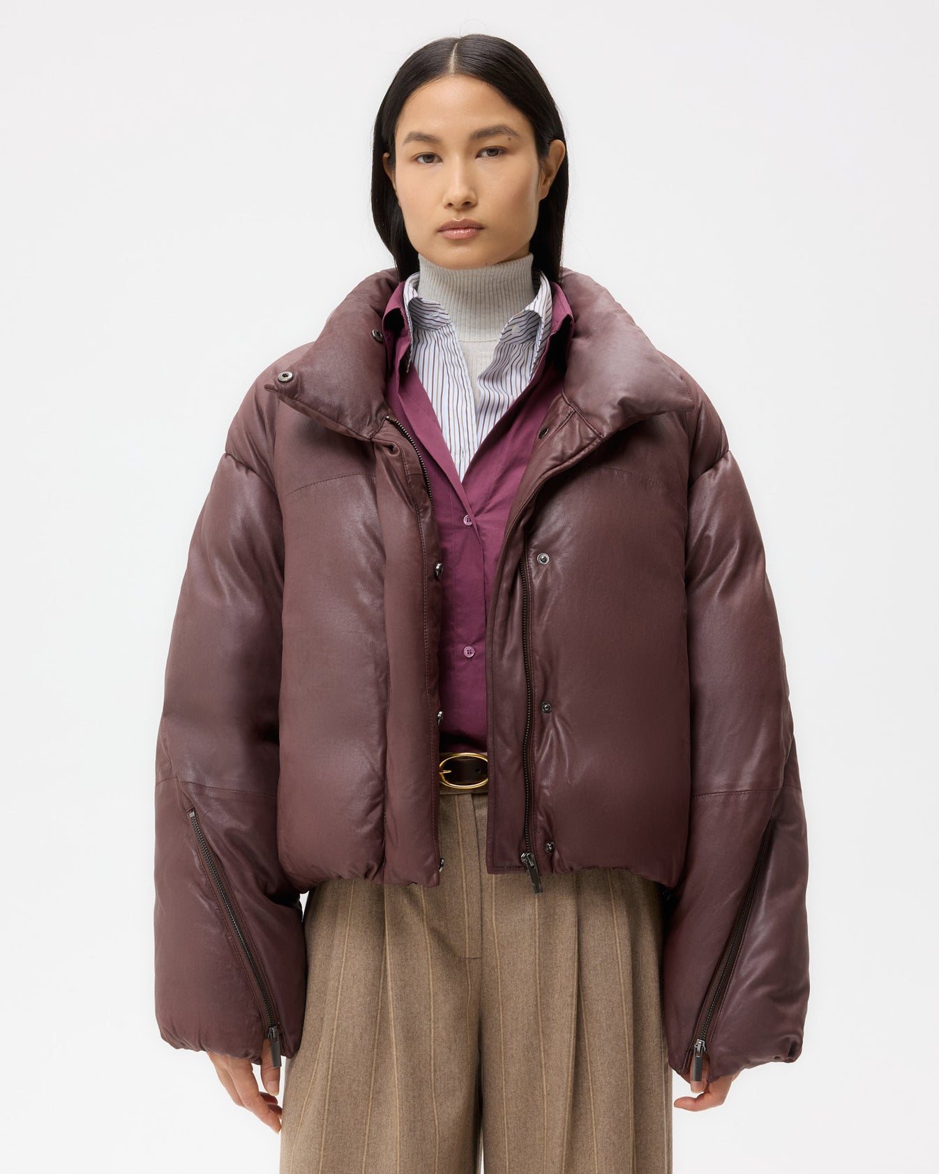 TWP Red red wine Puffer Raglan Jacket in Leather view 2