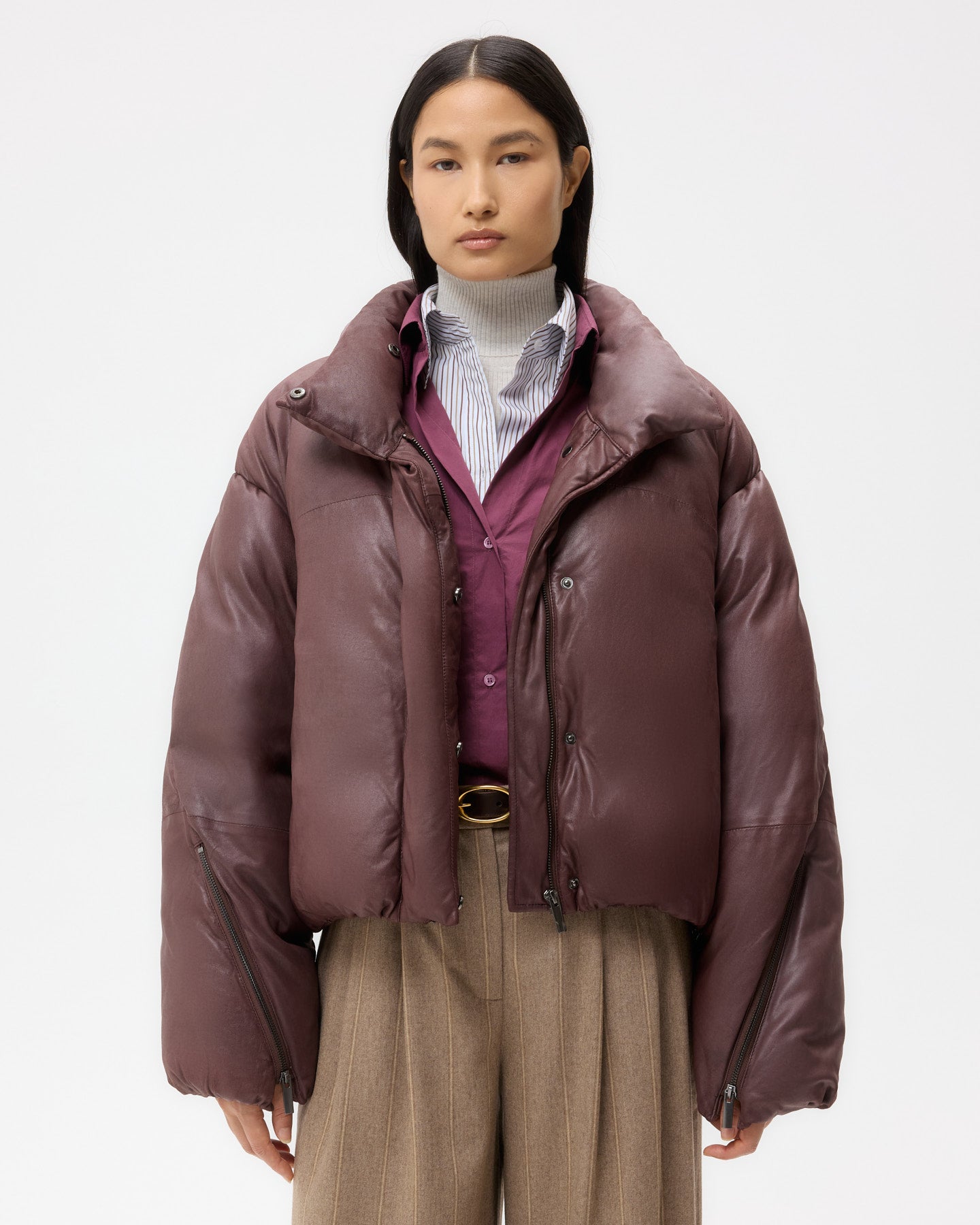 TWP Red red wine Puffer Raglan Jacket in Leather view 2
