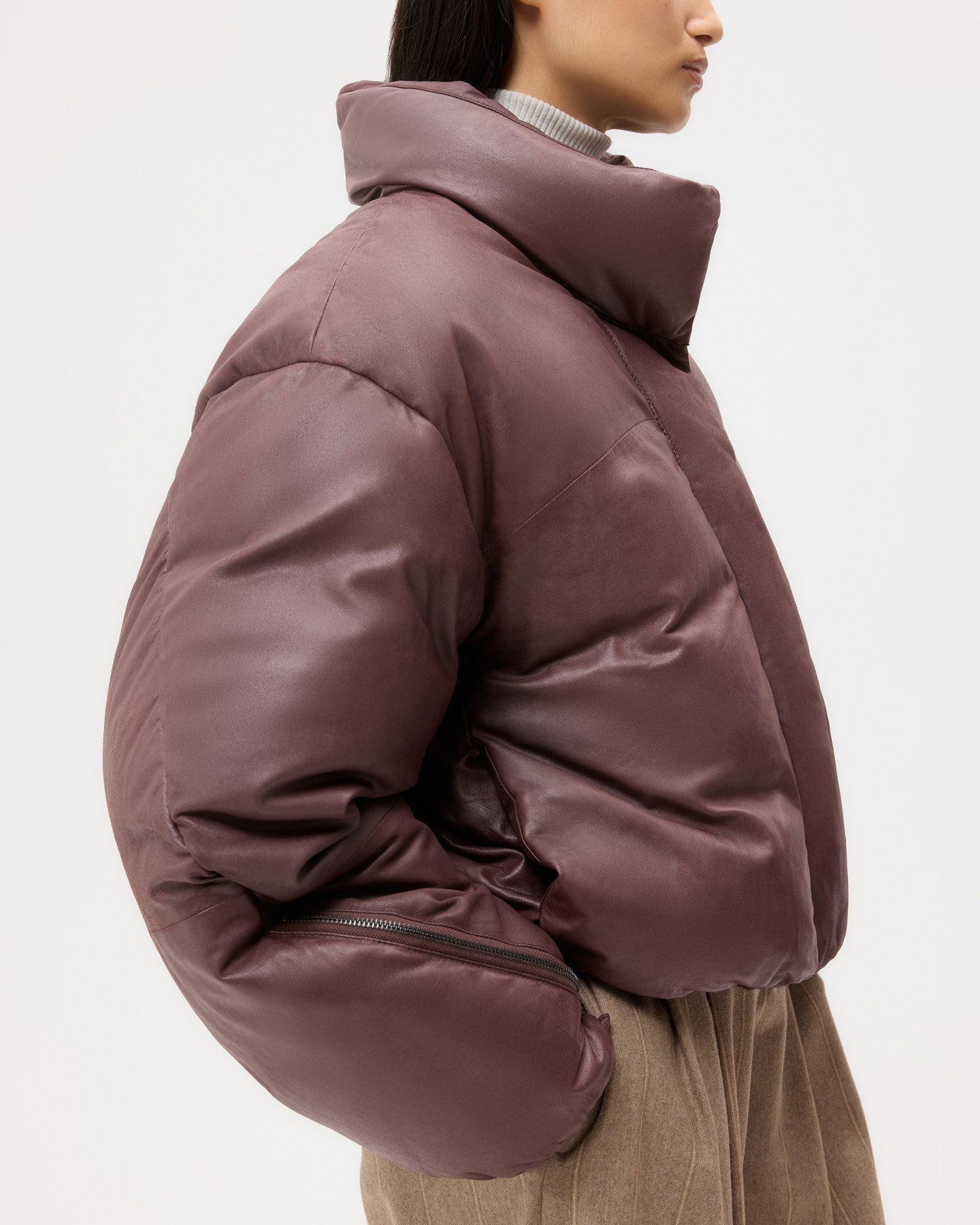TWP Red red wine Puffer Raglan Jacket in Leather view 1