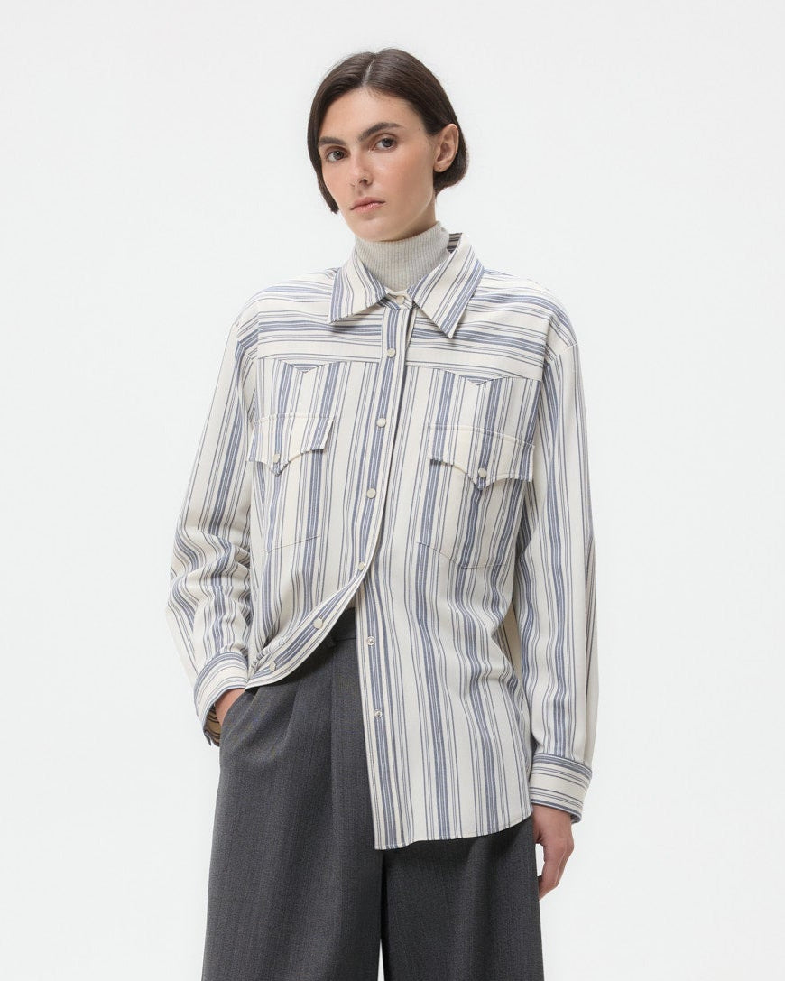 TWP White/ navy Dutton Shirt in Ultrafine Stretch Suiting view 1