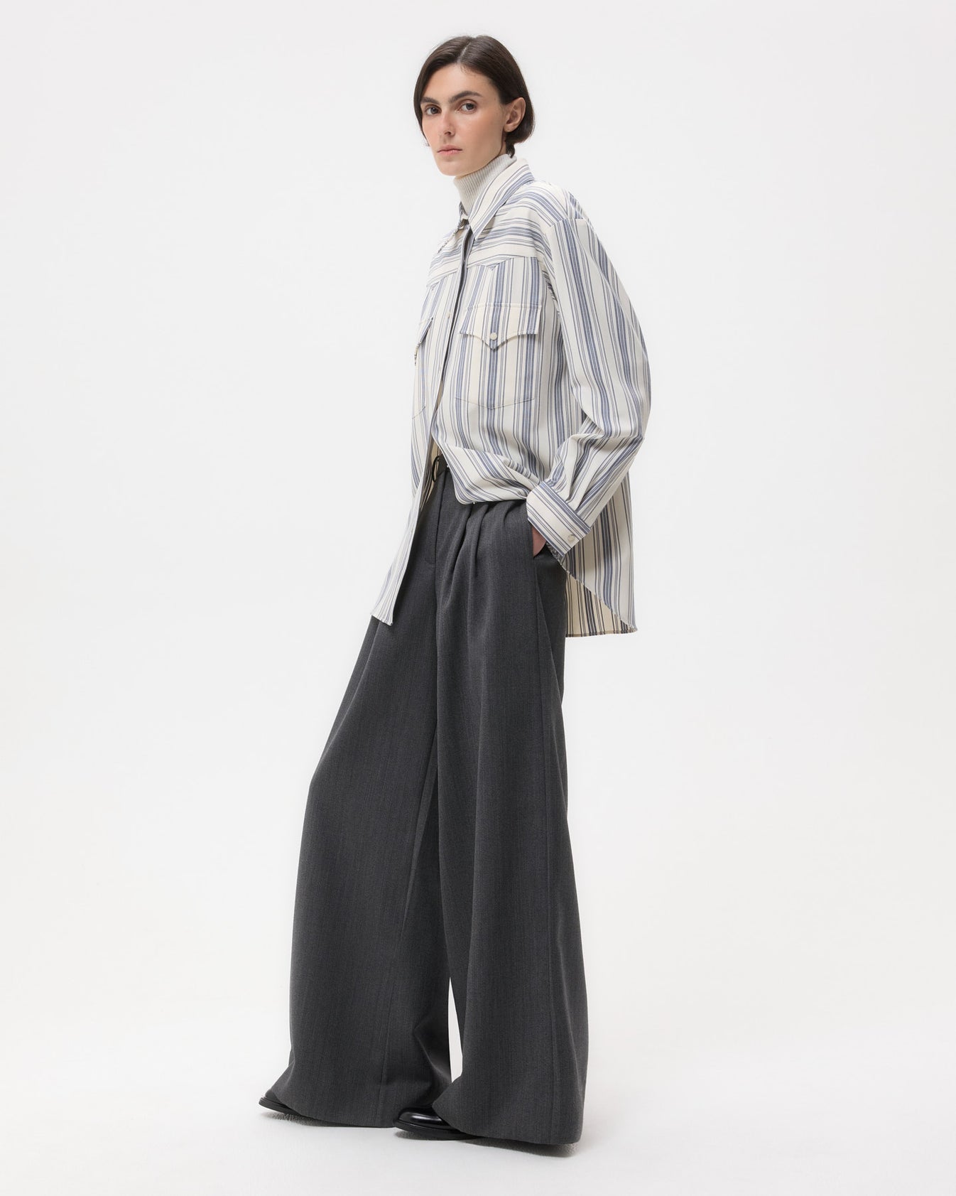 TWP White/ navy Dutton Shirt in Ultrafine Stretch Suiting view 2