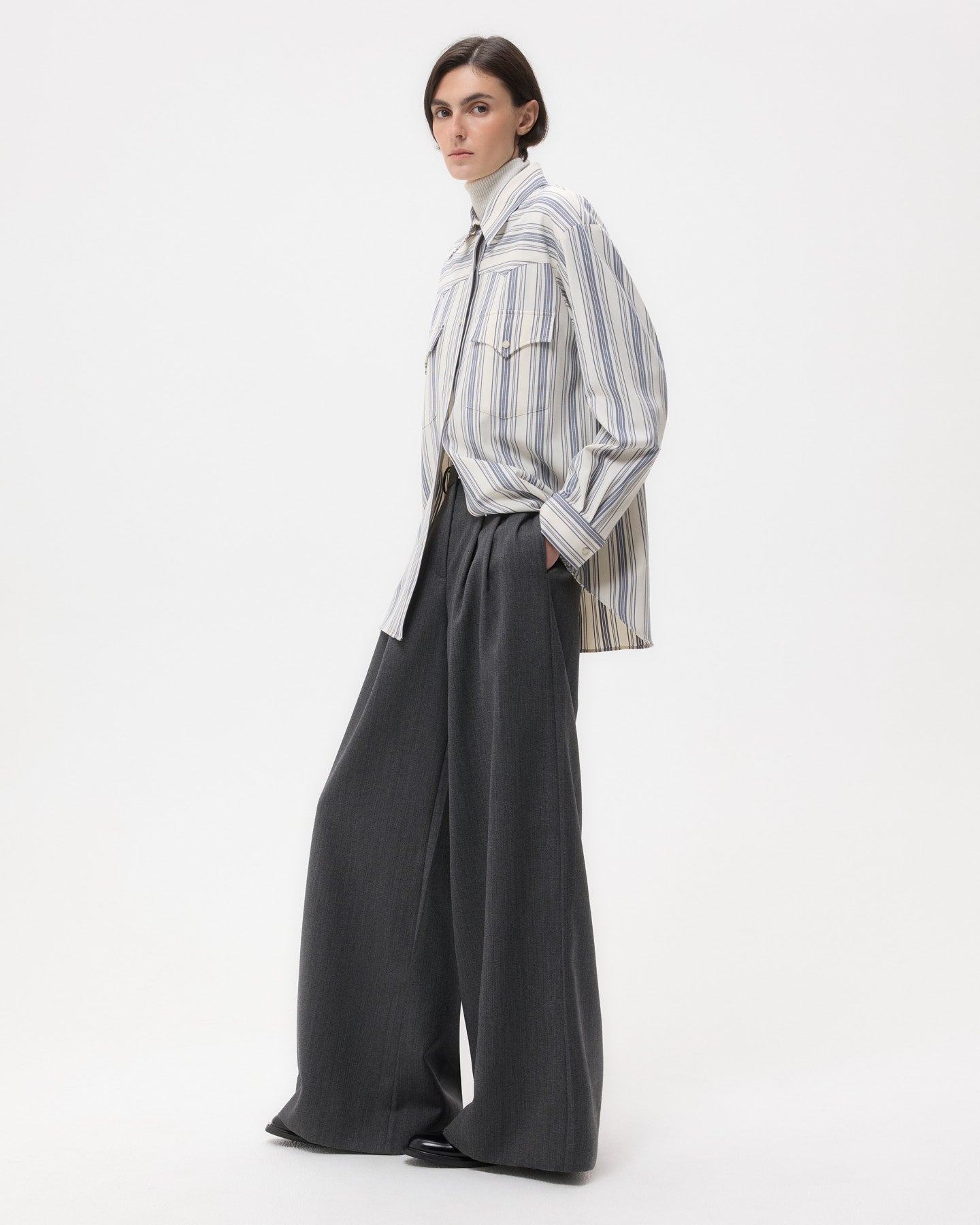 TWP White/ navy Dutton Shirt in Ultrafine Stretch Suiting view 2