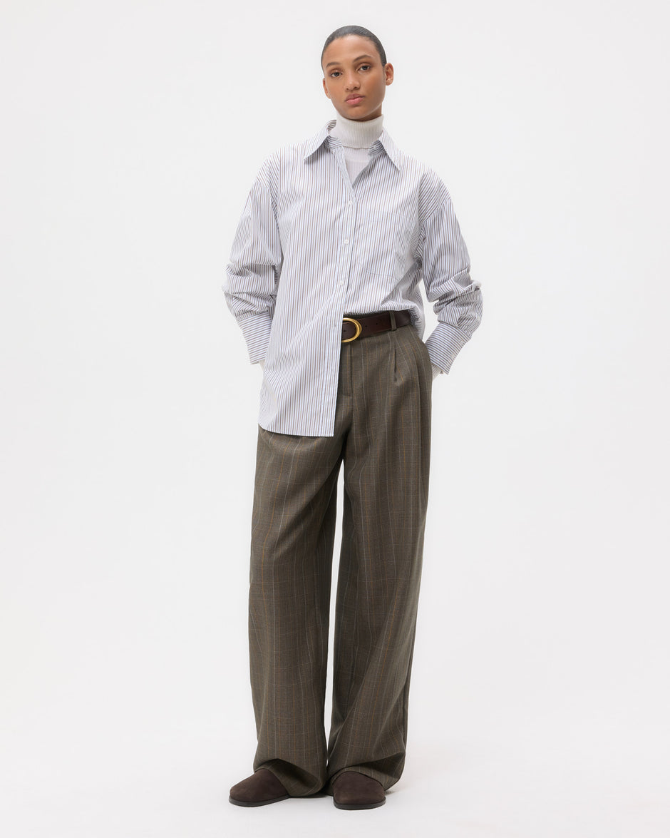 TWP Baby blue/ chocolate / khaki Big Joe Shirt in Cotton Stripes view 1