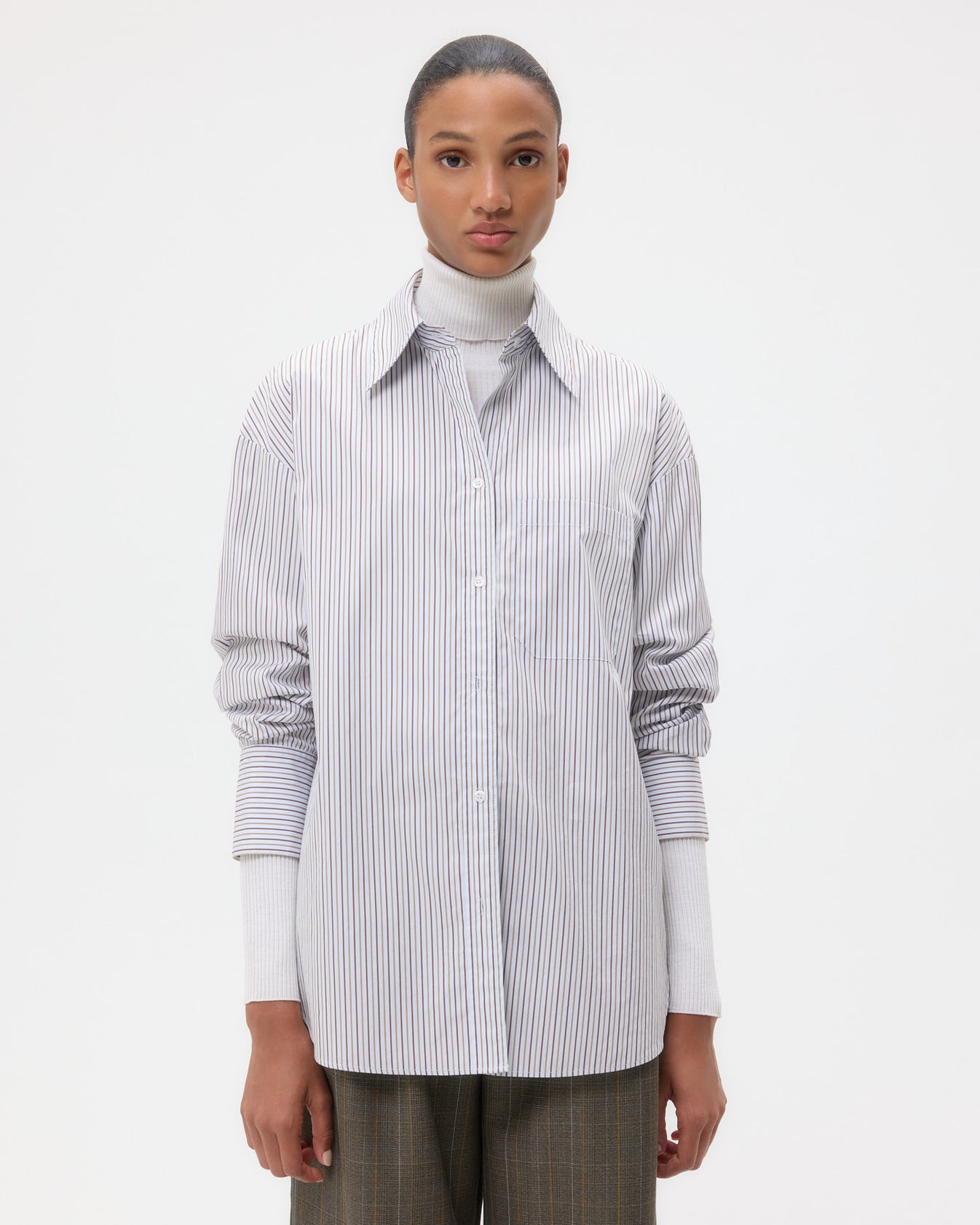 TWP Baby blue/ chocolate / khaki Big Joe Shirt in Cotton Stripes view 4
