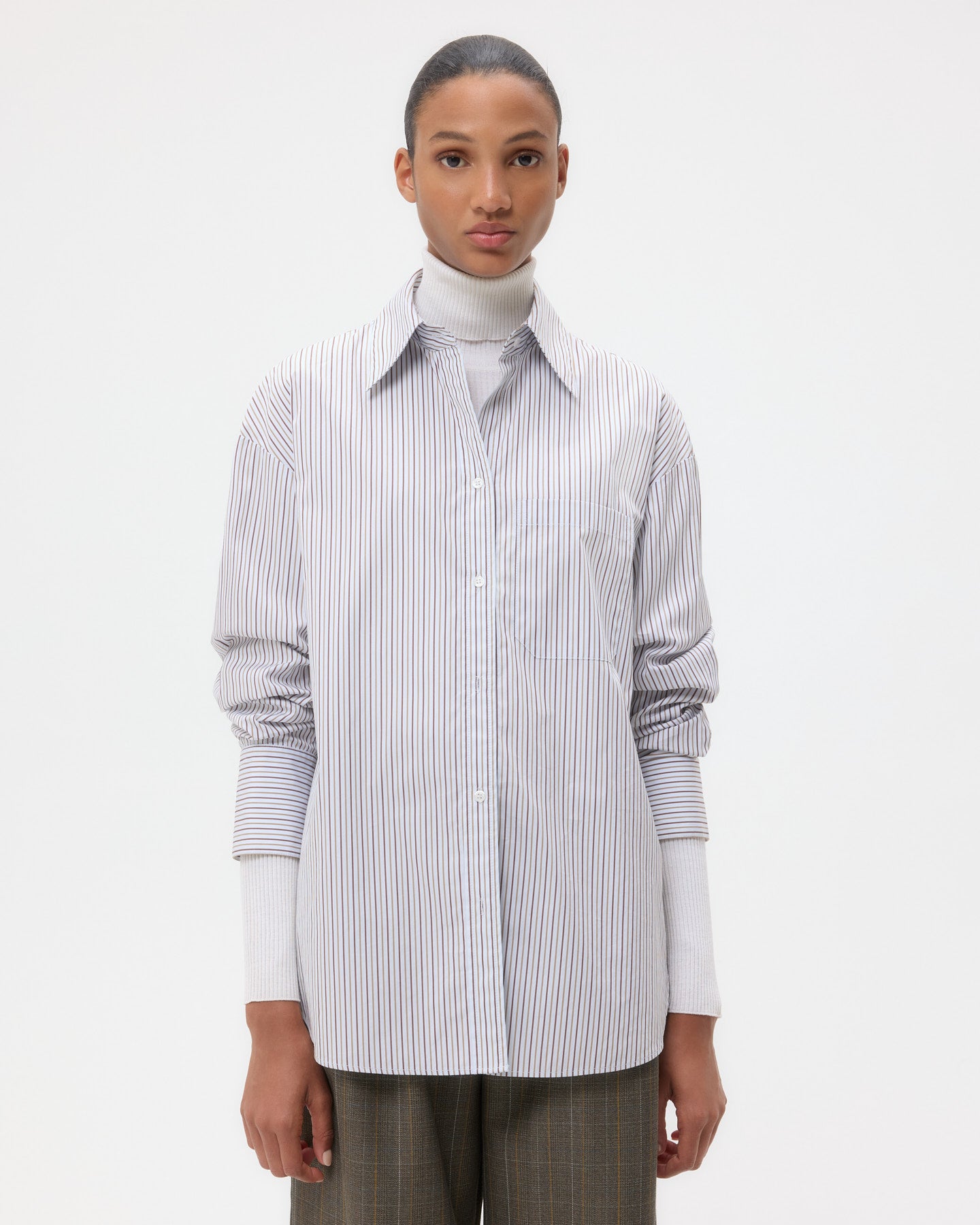 TWP Baby blue/ chocolate / khaki Big Joe Shirt in Cotton Stripes view 4
