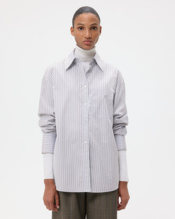 TWP Baby blue/ chocolate / khaki Big Joe Shirt in Cotton Stripes view 4