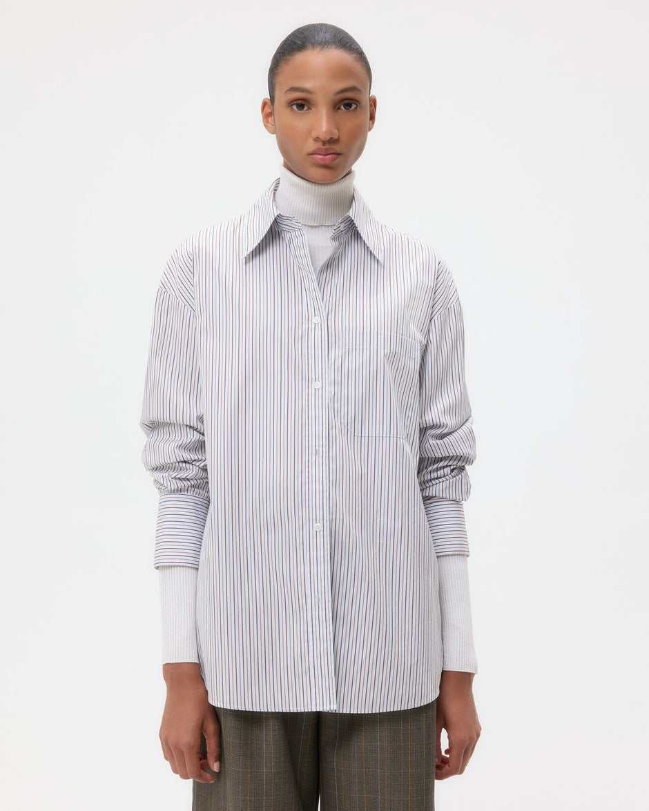 TWP Baby blue/ chocolate / khaki Big Joe Shirt in Cotton Stripes view 4