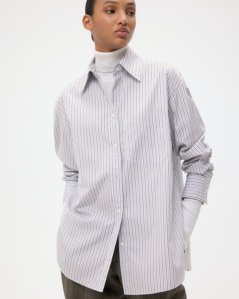 TWP Baby blue/ chocolate / khaki Big Joe Shirt in Cotton Stripes view 2