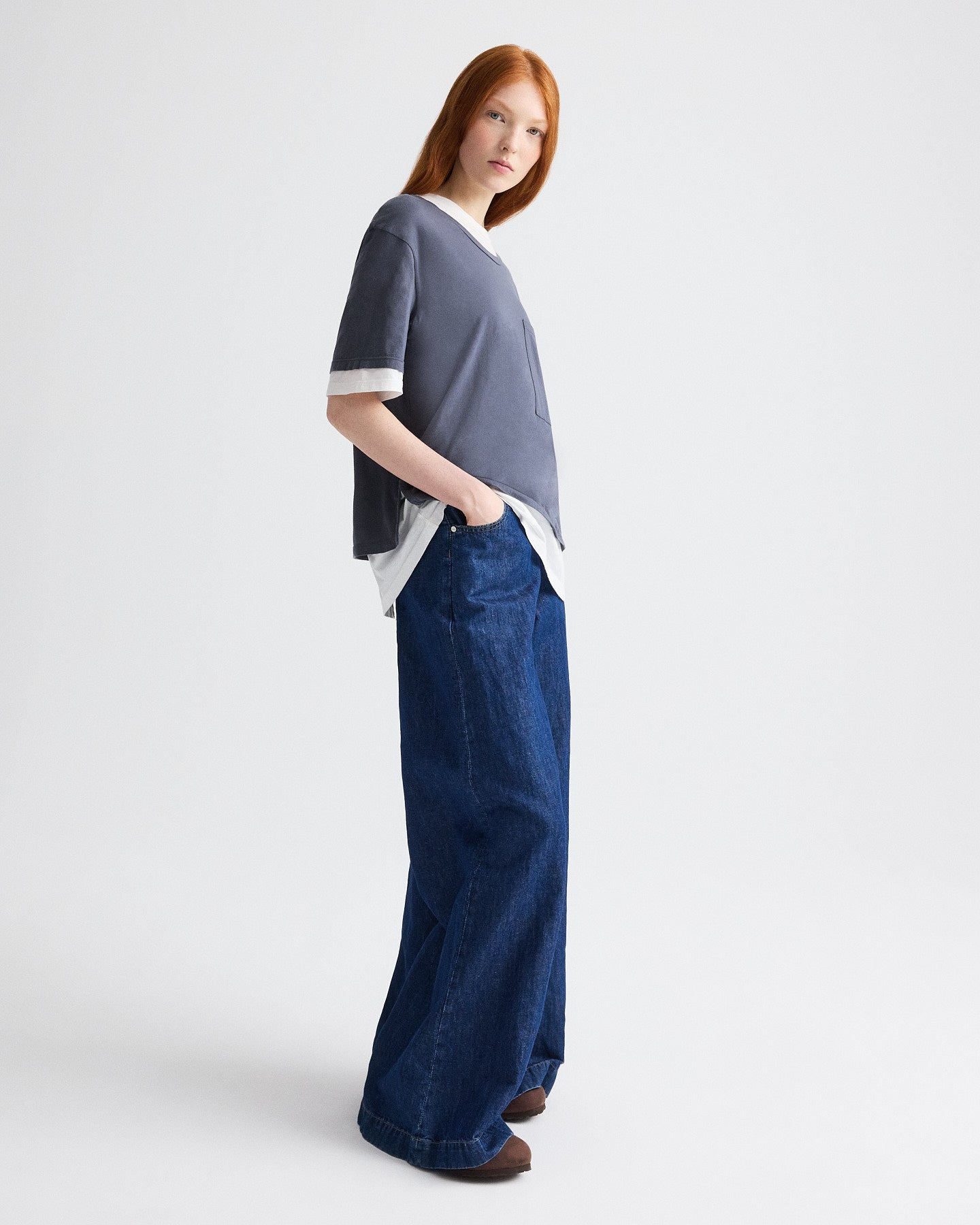 TWP Charcoal / white Double Up Tee in Supima Cotton view 4