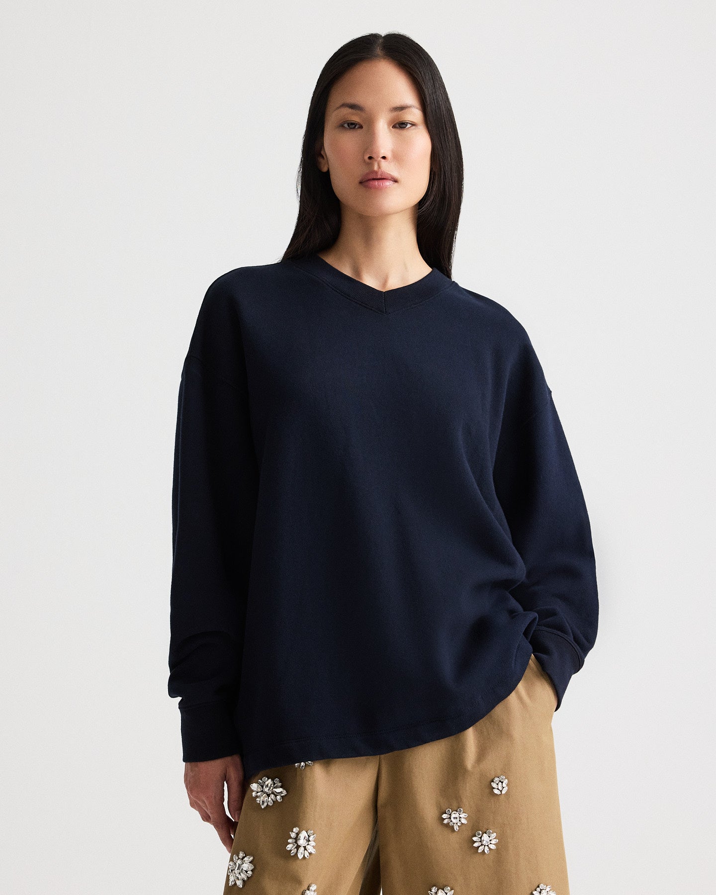 Midnight Relaxed V Neck Sweatshirt in Lightweight Sweatshirt | TWP