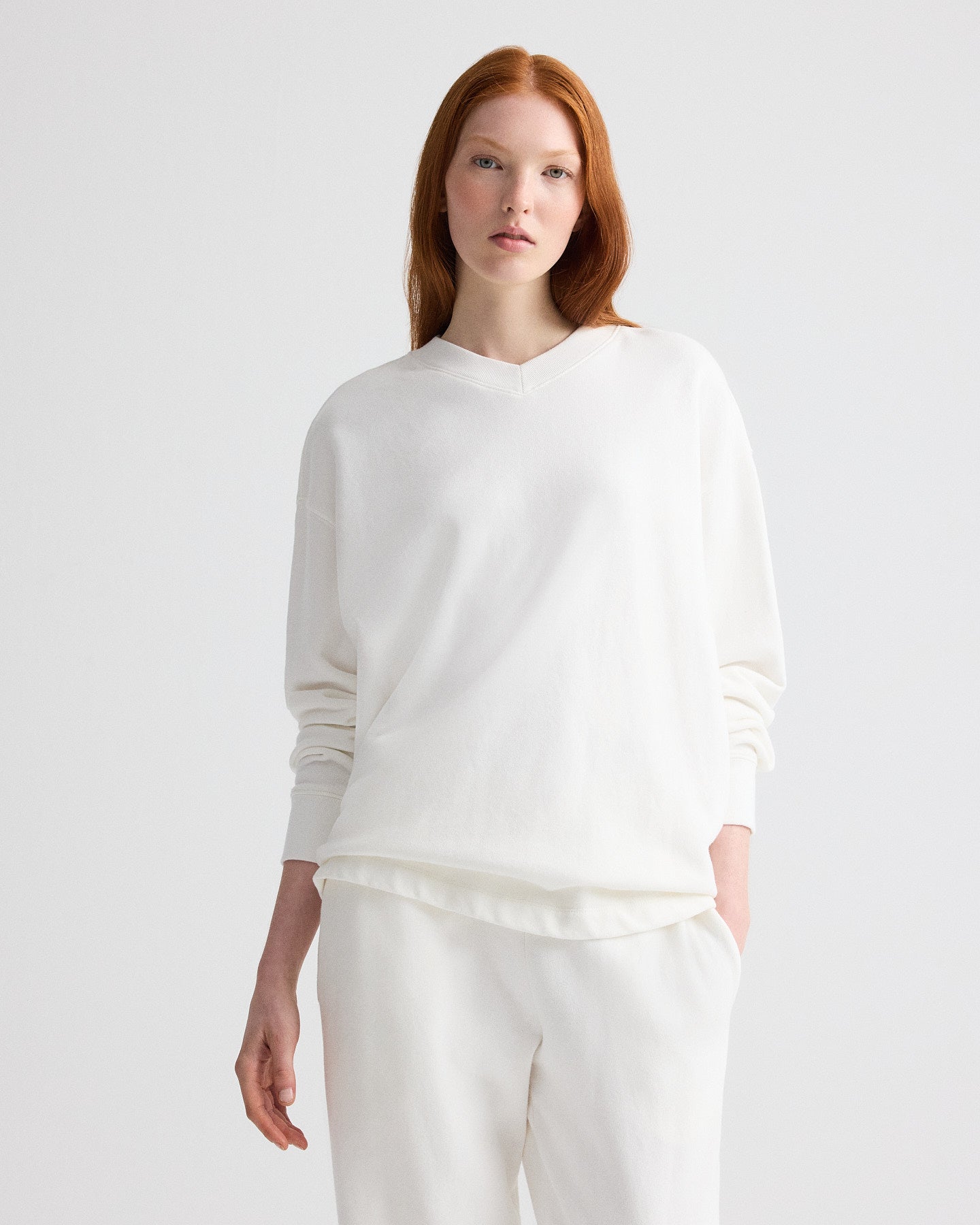 TWP White Relaxed V Neck Sweatshirt in Lightweight Sweatshirt view 1