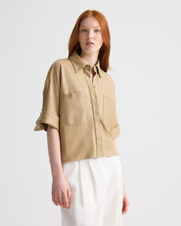 TWP British khaki My Newest Mistake Shirt in Paper Leather view 1