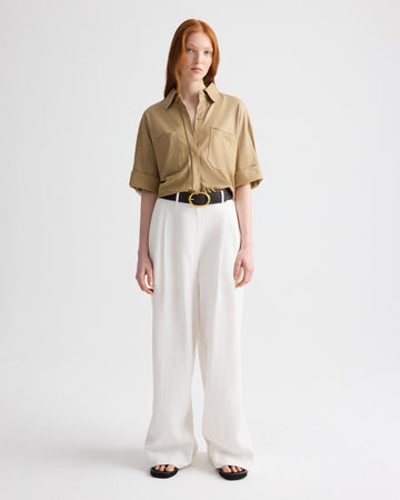 TWP British khaki My Newest Mistake Shirt in Paper Leather view 3