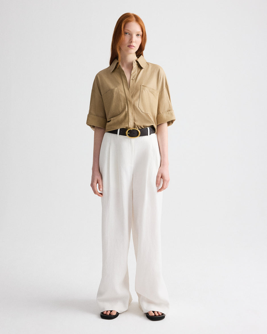 TWP British khaki My Newest Mistake Shirt in Paper Leather view 3