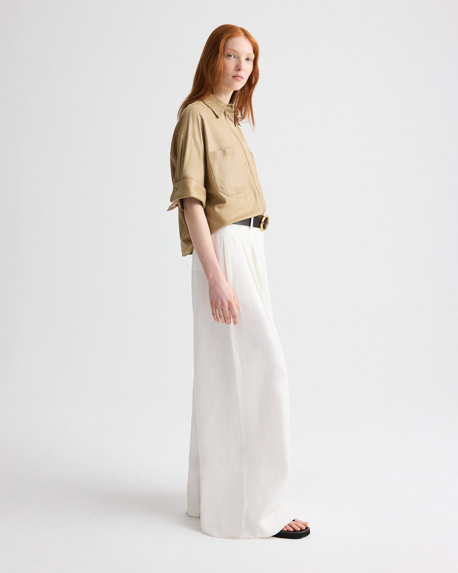 TWP British khaki My Newest Mistake Shirt in Paper Leather view 4