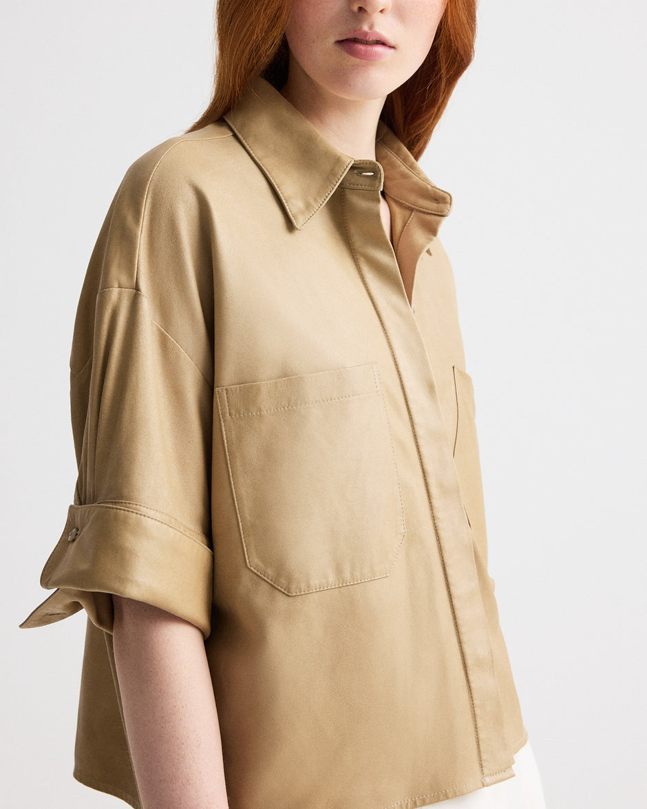 TWP British khaki My Newest Mistake Shirt in Paper Leather view 2