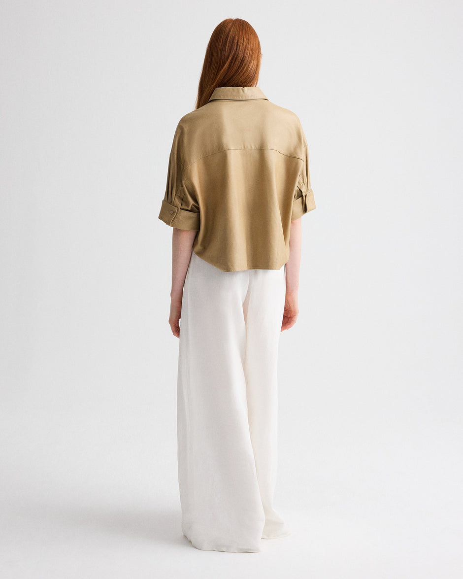 TWP British khaki My Newest Mistake Shirt in Paper Leather view 5