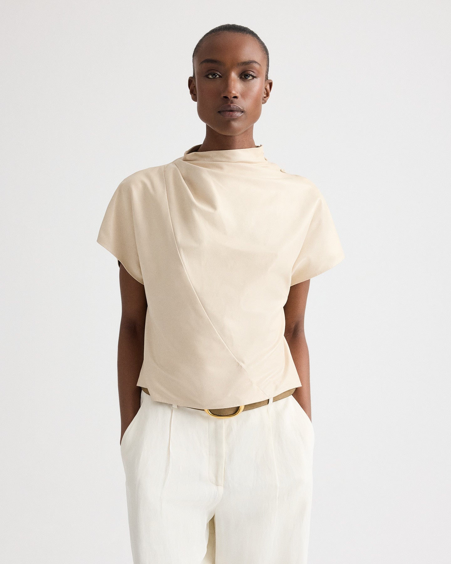 Tobacco Mock Neck Tee in Paper Leather | TWP