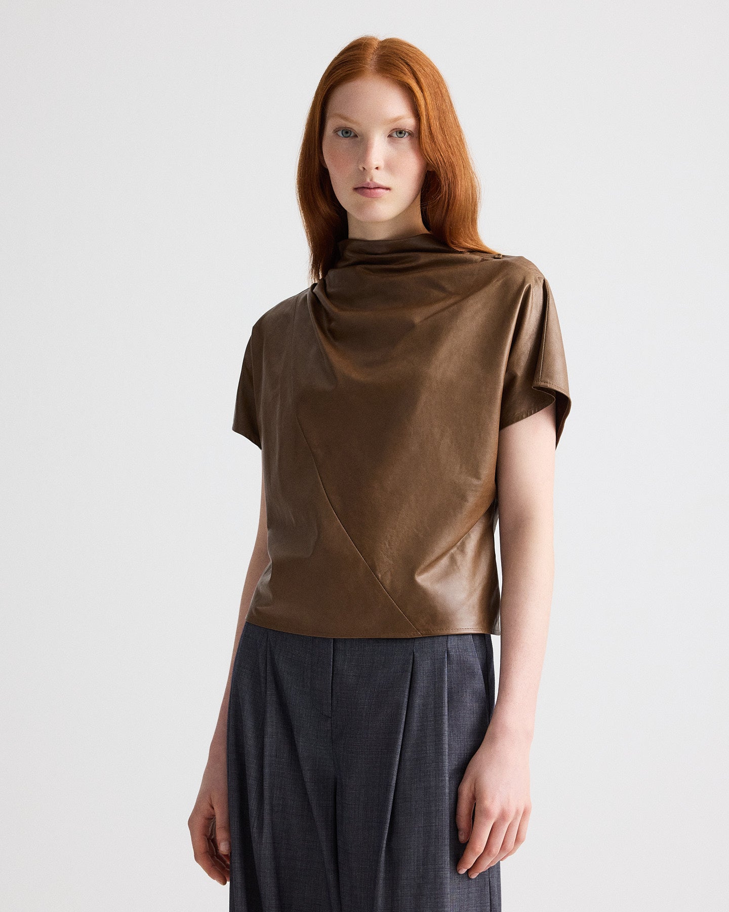 TWP Tobacco Mock Neck Tee in Paper Leather view 1