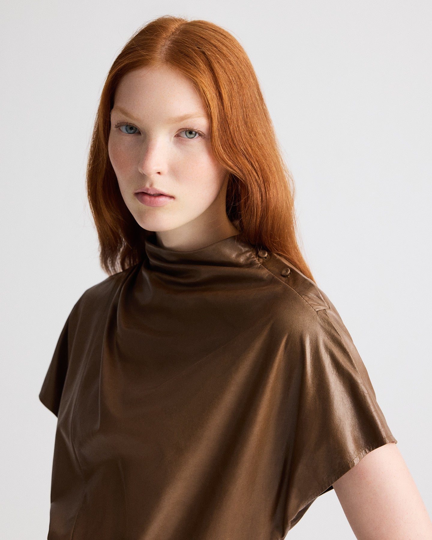 TWP Tobacco Mock Neck Tee in Paper Leather view 2
