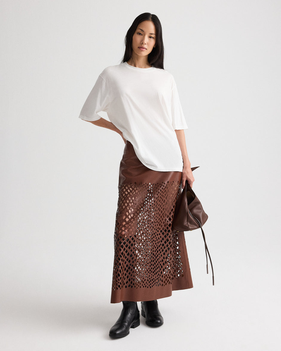 TWP Cigar The A-Line Skirt with Laser Cut in Bruins Leather view 1