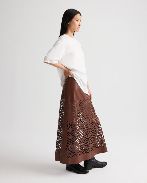 TWP Cigar The A-Line Skirt with Laser Cut in Bruins Leather view 6